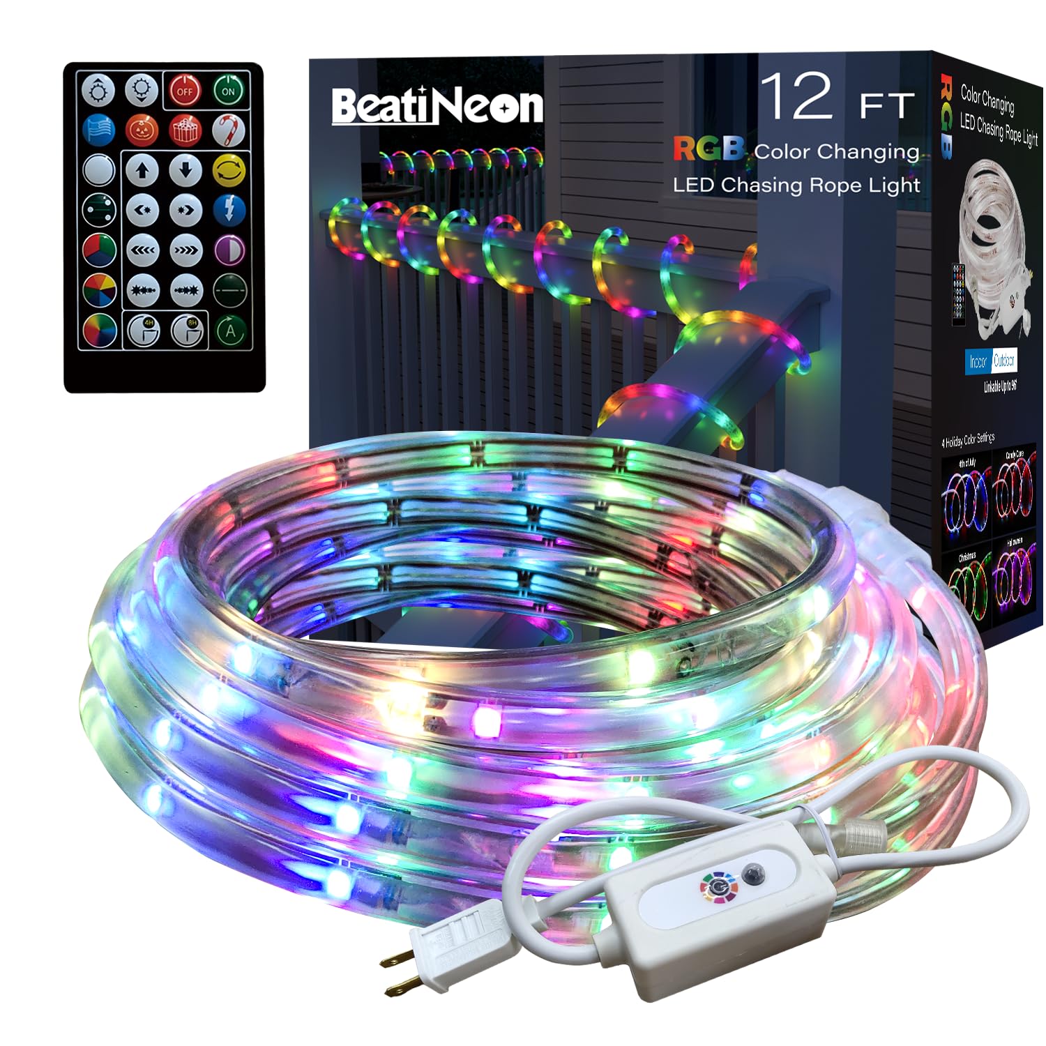 RGB LED Neon Rope Lights 12FT, IR Remote, IP65 Waterproof for Outdoor Patio