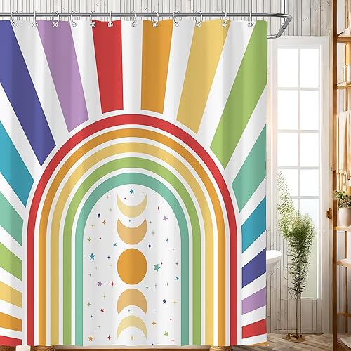 Miniatura 14 de Cortina de ducha bohemia con diseño floral retro y abstracto para baño, 72 pulgadas de ancho x 72 pulgadas de alto, diseño femenino de los años 70,