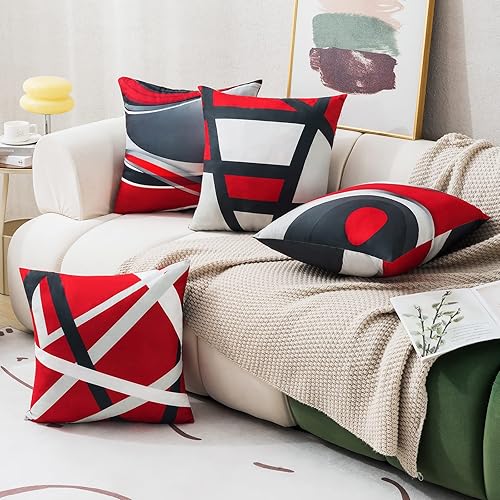 Miniatura 4 de Harraca Juego de 4 fundas de almohada rojas decorativas modernas de rayas abstractas geométricas decorativas de 20 x 20 pulgadas, decoración
