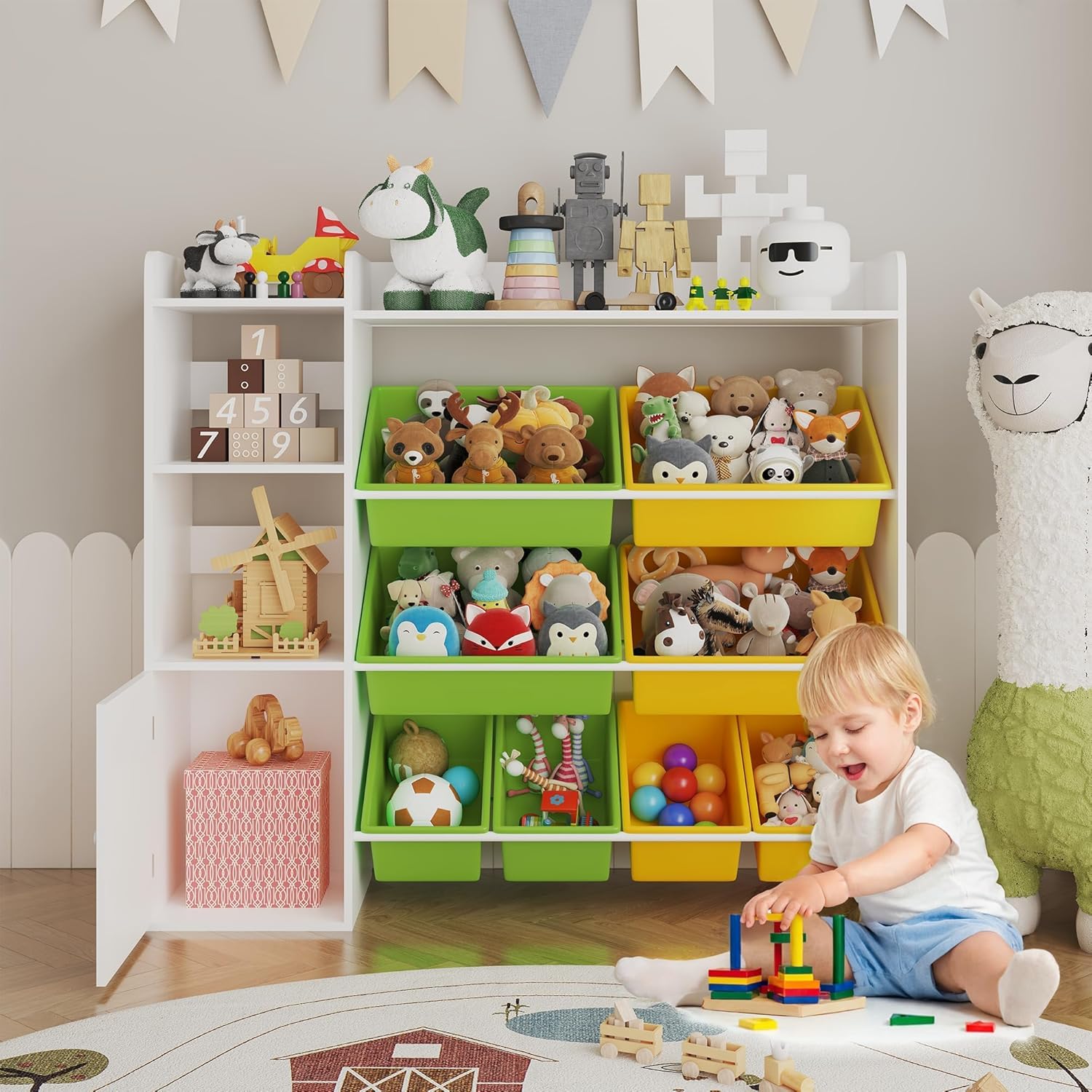 8-Bin Wooden Toy Organizer & Bookshelf - 4-Tier Storage for Toys, Books & Crafts | Playroom & Kids' Room Storage Solution for Boys & Girls