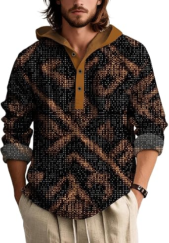 DMOYALA Western Sweatshirts for Men Vintage Ethnic Aztec Print Hoodies 2025 Fashion Quarter Button Up Hooded Shirts