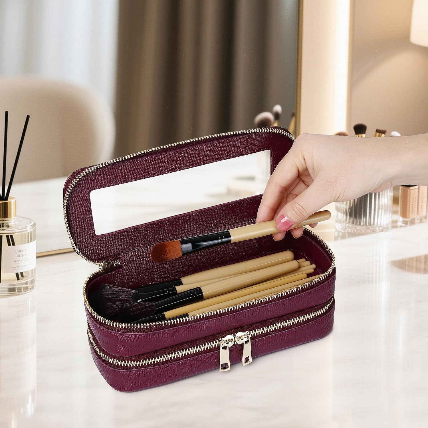 Double Layer Makeup Bag Makeup Brush Case Waterproof Travel Cosmetic & Toiletry Bag Purse Organizer and Car Essentials for Women (Burgundy, 2-Layer SLIM)
