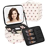 TANTO Makeup Bag With LED Mirror, Travel Makeup Case with Light up Mirror Fashion Cute Cosmetic Bag with 3 Color Lighted Portable Organizer Case with Adjustable Dividers Strawberry/Beige,Small