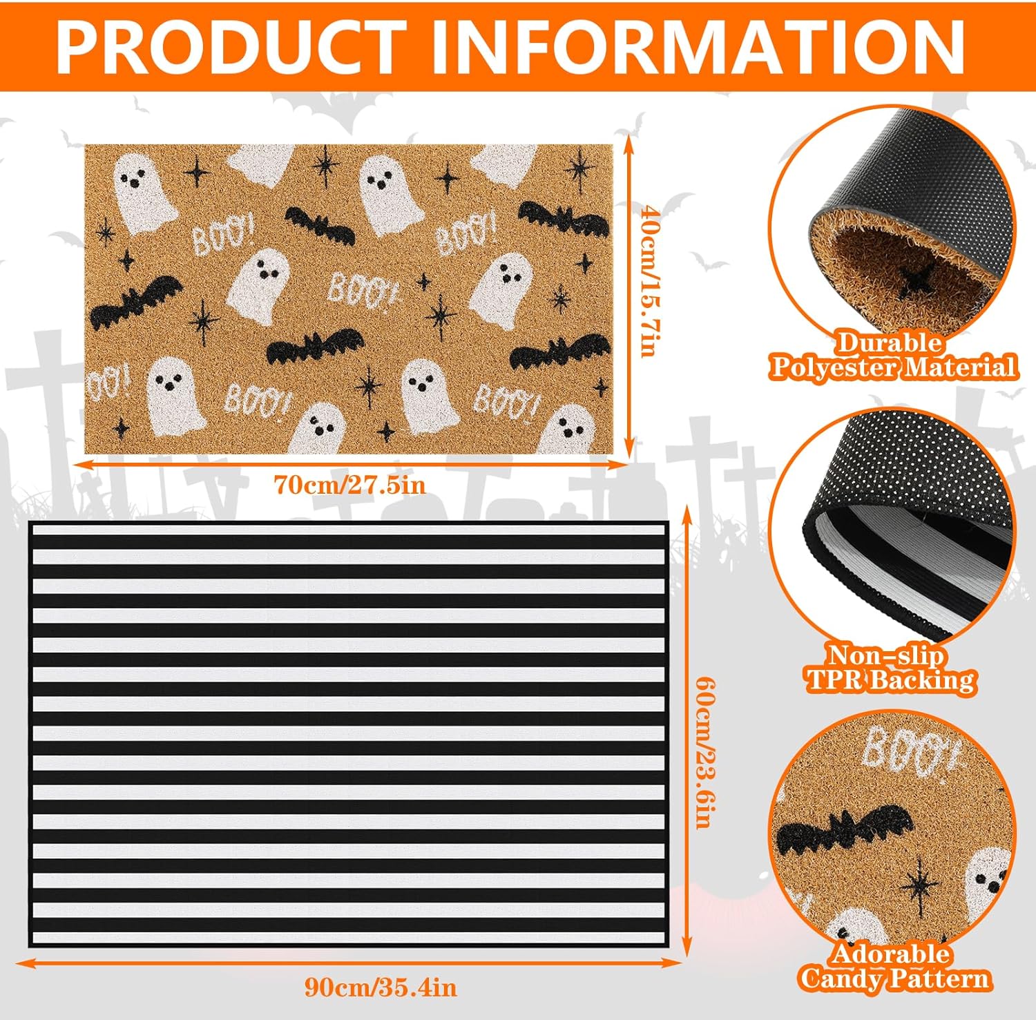Whaline 2 Pcs Halloween Door Mat Combo Set Cute Ghost Boo Bats Coir Welcome Doormat Striped Non-Slip Front Door Rug for Indoor Outdoor Home Kitchen Bathroom Fronts Porch Entryway Decor