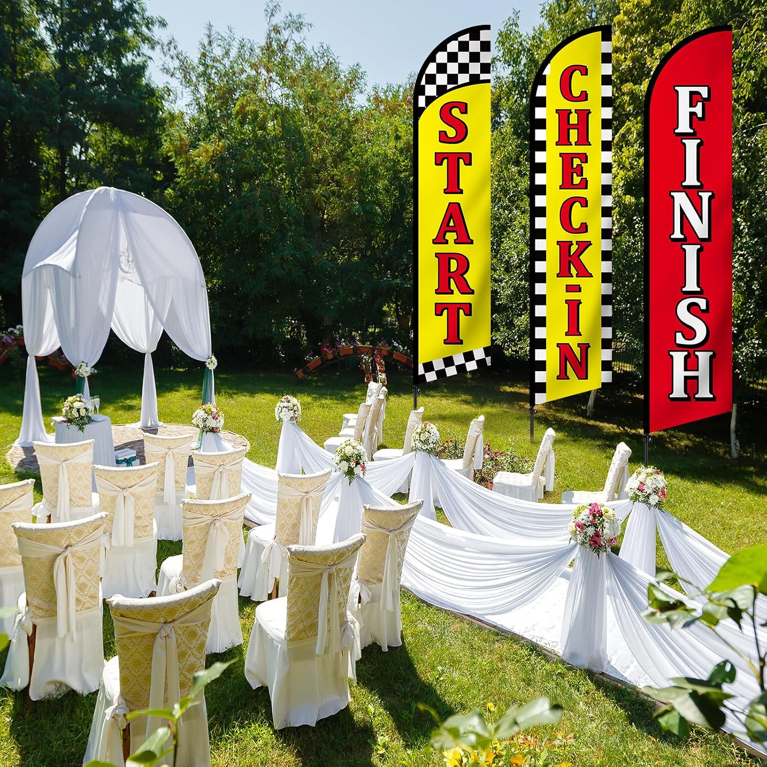 Start Finish and Check-in Advertising Package of 3 Feather Banner Red Yellow Swooper Flag Kits for Marathons, Races, Special Events, Poles Not Included