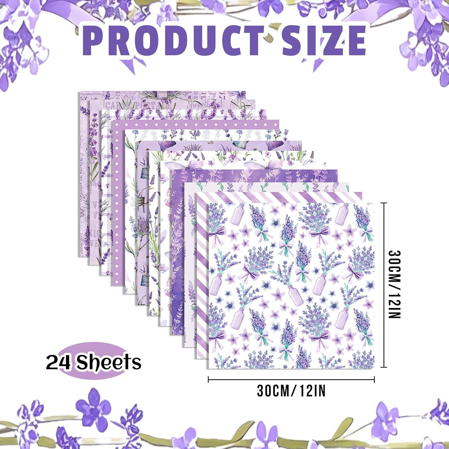 24 Sheets Lavender Scrapbook Paper 12'' × 12'' Double-Sided Purple Flower Butterfly Pattern Paper Floral Decorative Decoupage Cardstock for DIY Card Craft Making Scrapbook Supplies