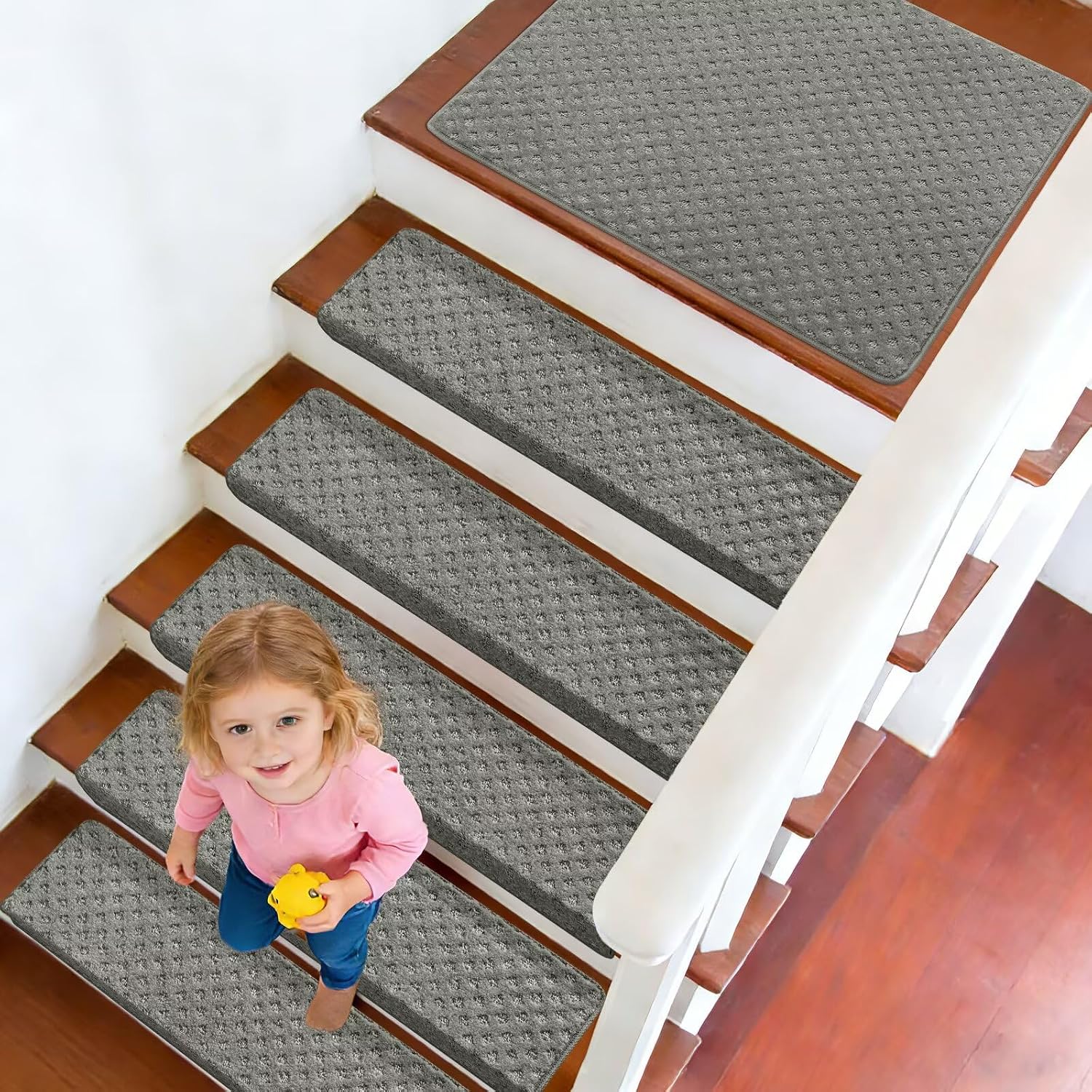 DEXDE Bullnose Carpet Stair Treads Non Slip for Wooden Steps Indoor, 30 x 9.5 x 1.7 (14 Pack) Grey - Peel and Stick Stair Runner Rugs with Edge Protection, Washable & Reusable Pet Friendly Mats