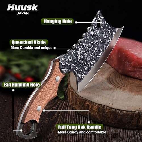 Miniatura 4 de Huusk Paquete de cuchillos coleccionables, cuchillo de chef mejorado y cuchillo de carnicero tallado forjado a mano con funda de cuero y caja de