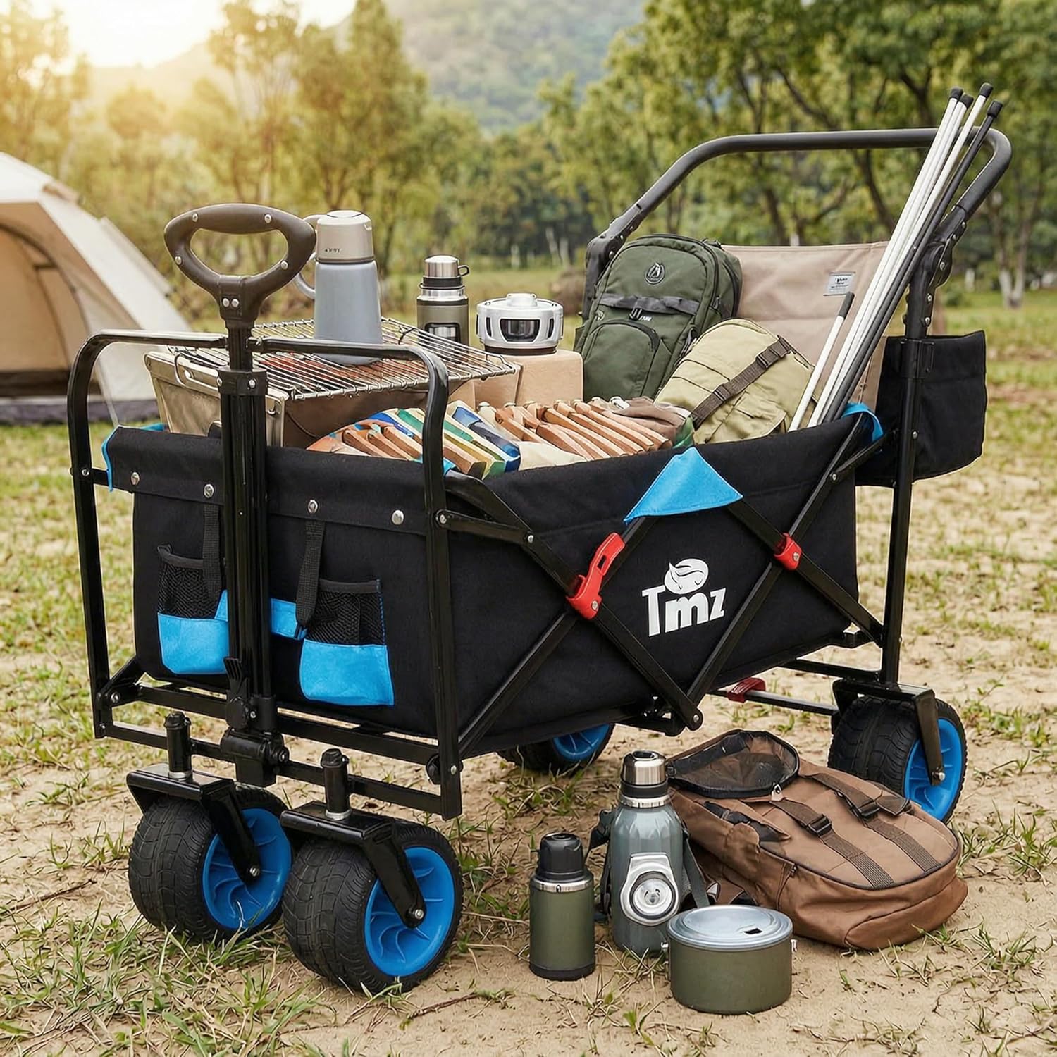 TMZ All Terrain Wide Wheel Utility Folding Wagon, Collapsible Garden Cart, Heavy Duty Beach Wagon Trolley with Adjustable Push Handle and Brake, 90 L Storage, Load of 120KG(Black/Blue)