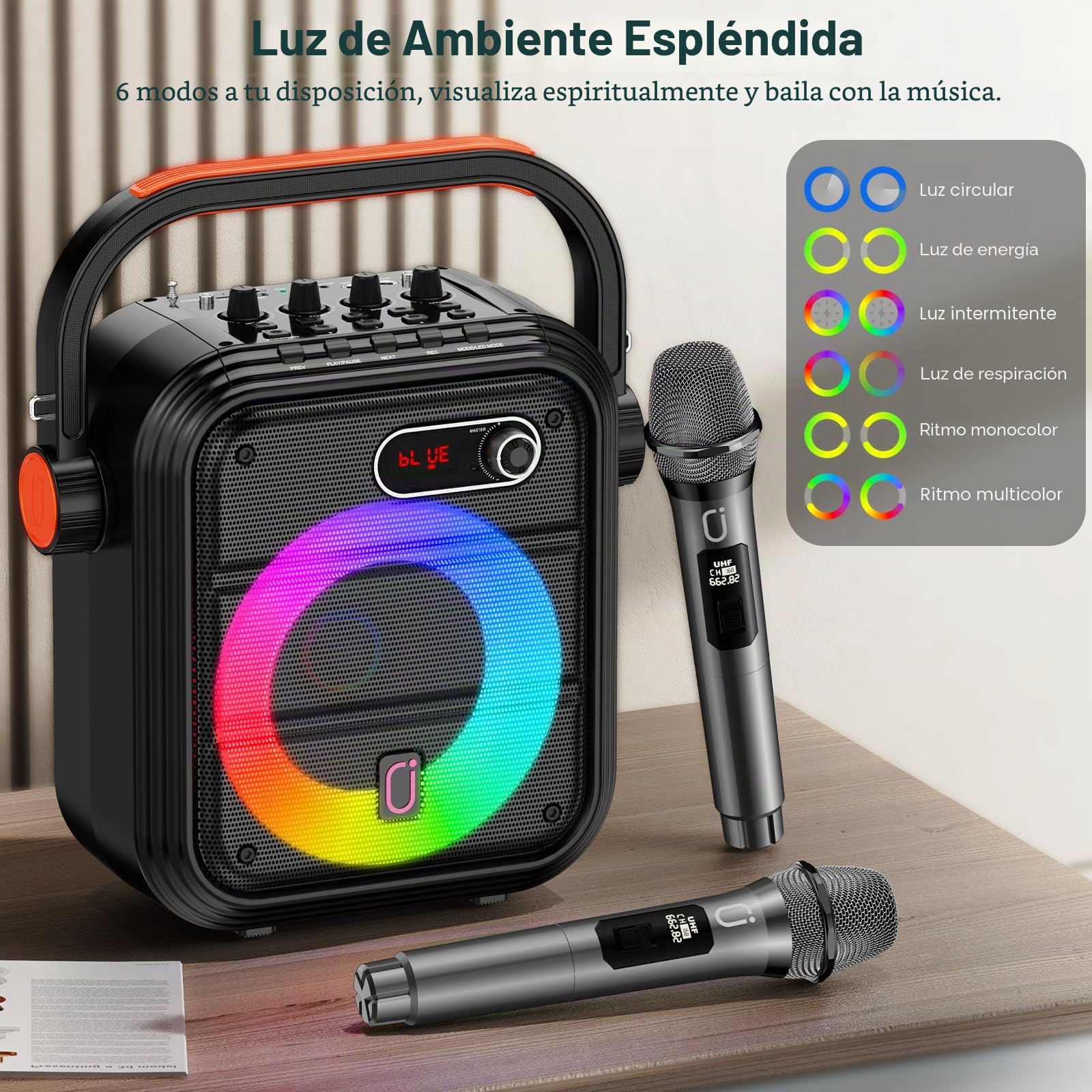JYX Karaoke con 2 Microfonos Inalambricos, Altavoz Karaoke Profesional Completo con Luces de Fiesta, Portátil Karaoke con PA Sistema Soporta TWS/AUX/FM/USB/Tarjeta TF/Rec