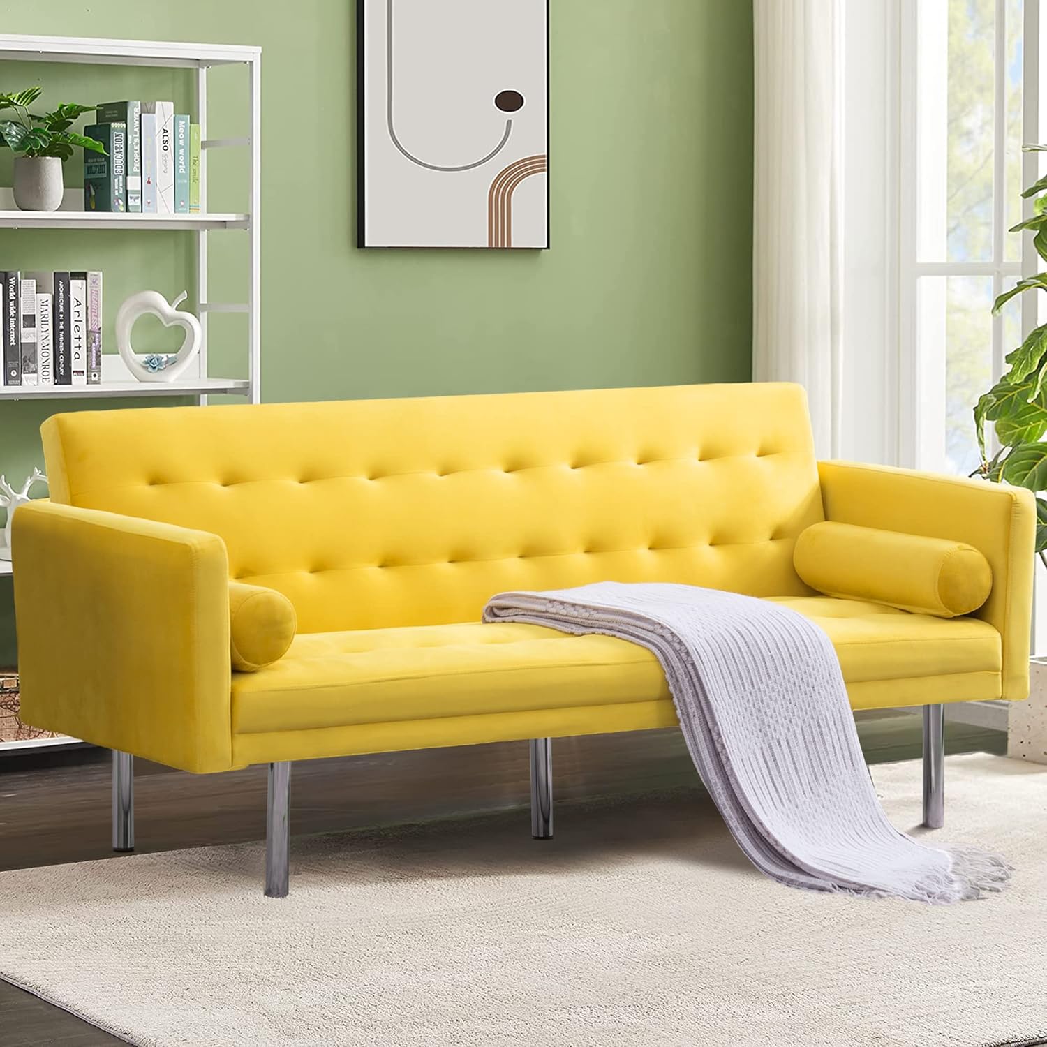 SUMKEA Futon Tufted Back Convertible Sofa, 68” Twin Size Sofa Bed, Modern Living Room Futons Set (Yellow)