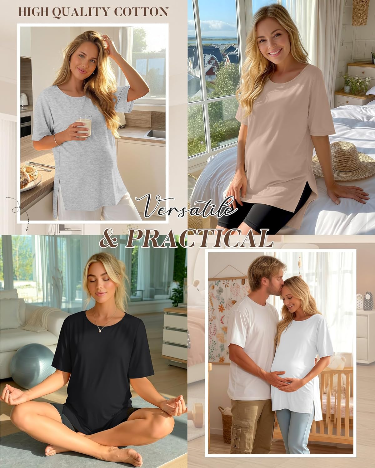 4 Pack Womens Maternity Shirts Short Sleeve Split Side Cotton Pregnancy Tops Loose Crewneck Soft Maternity Clothes
