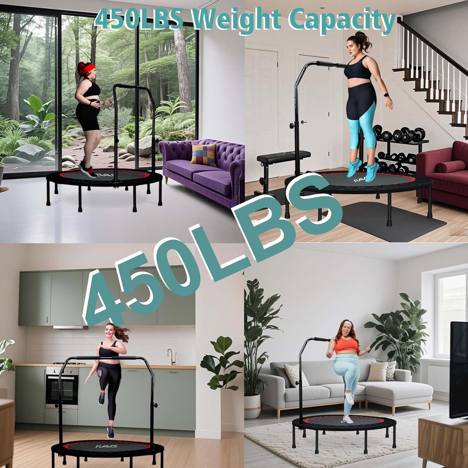 RAVS Mini Trampoline for Kids Adults 40"/48" Foldable Fitness Rebounder Kids Trampoline with 5 Levels Height Adjustable Handle Resistance Bands Indoor Workout - Image 3