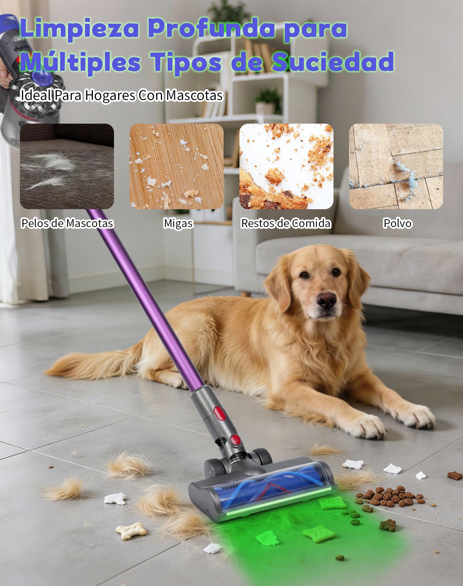 Cepillo para Dyson V7 V8 V10 V11 V15 con Luz LED Verde, Cepillo de Rodillo Suave Motorizado para Suelos Duros y Alfombras de Pelo Corto, Accesorio Aspiradora Dyson de Repuesto