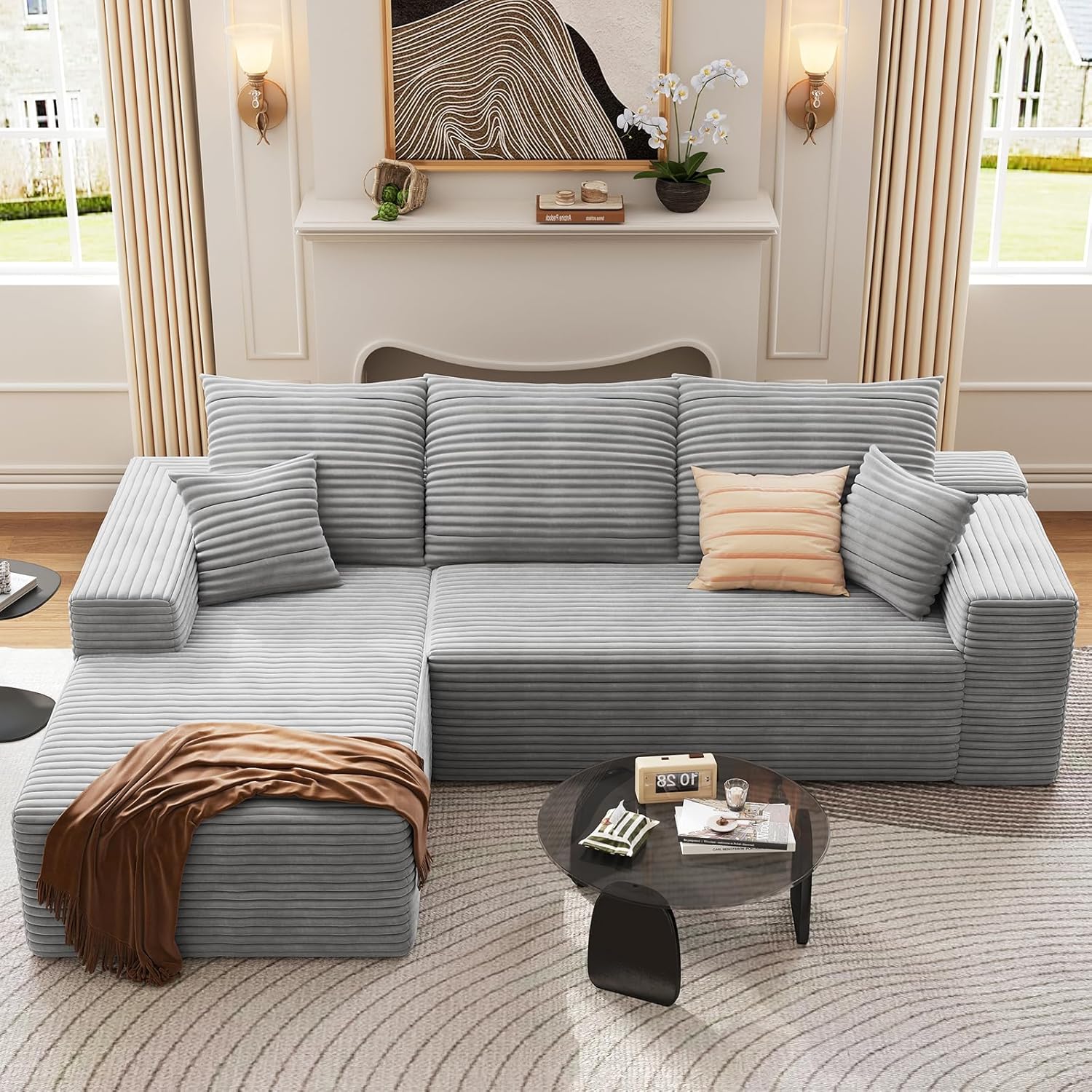 95" Cloud Sectional Couch with L-Shape Chaise, Modern Corduroy Boneless Deep Seat Sofa, 3-Seater Modular Sleeper Couch for Living Room, Bedroom, Apartment, No Assembly (Black, Right-Facing Chaise)