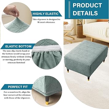 Sofa Stool Covers Stretch Footstool Slipcovers Rectangle Large Ottoman Protector with Jacquard Pattern of Squares for Modern Home Decoration(Sage,Rectangular L)