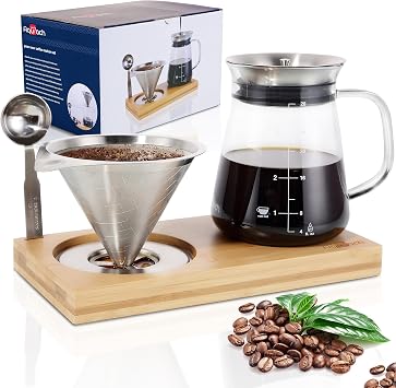 Aquach 28oz Pour Over Coffee Maker Set, Glass Carafe with Reusable Filter | Dishwasher Safe, Sharing Capacity, 304 Stainless Filter, Borosilicate Glass, Plastic Free Brewer
