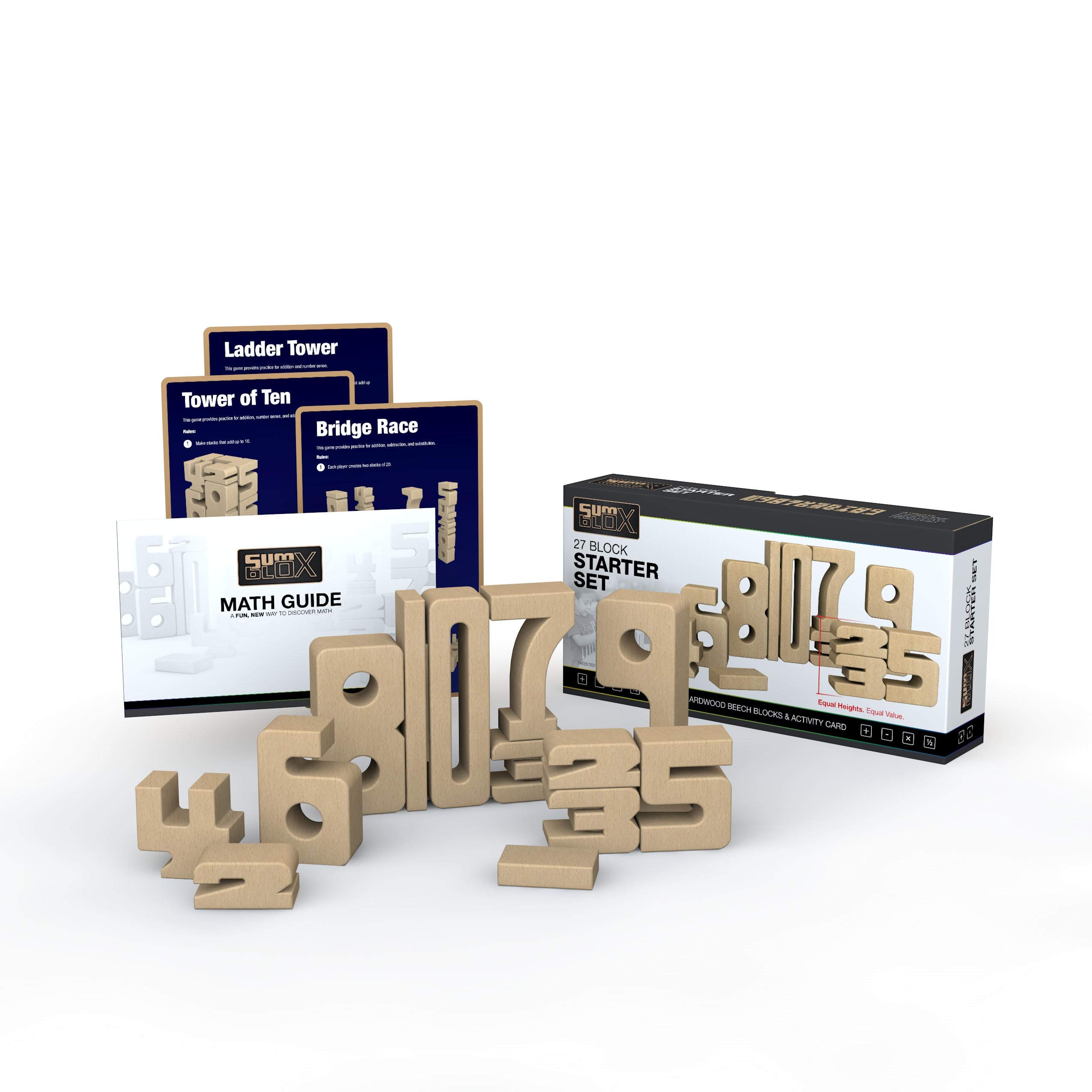 SumBlox Wooden Number Building Blocks, Educational Math Learning Set, Natural Wood, 27 Pieces, Height-Based Learning