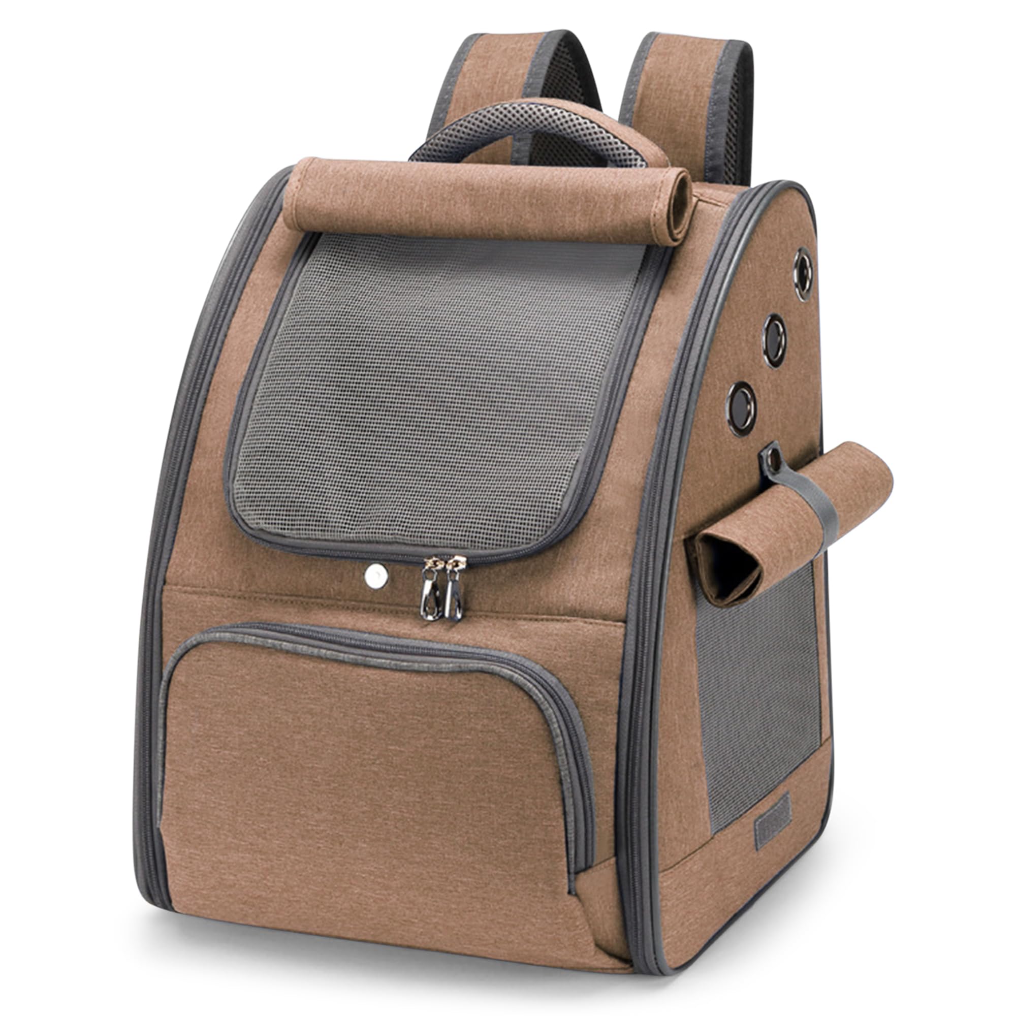FLOVIPPET Mochila para Perros, Transportines para Mascotas para Perros y Gatos, Mochila para Gatos Plegable de Malla Transpirable, con Colchón Extraíble, Mochila para Gatos para Viajes (Caqui)