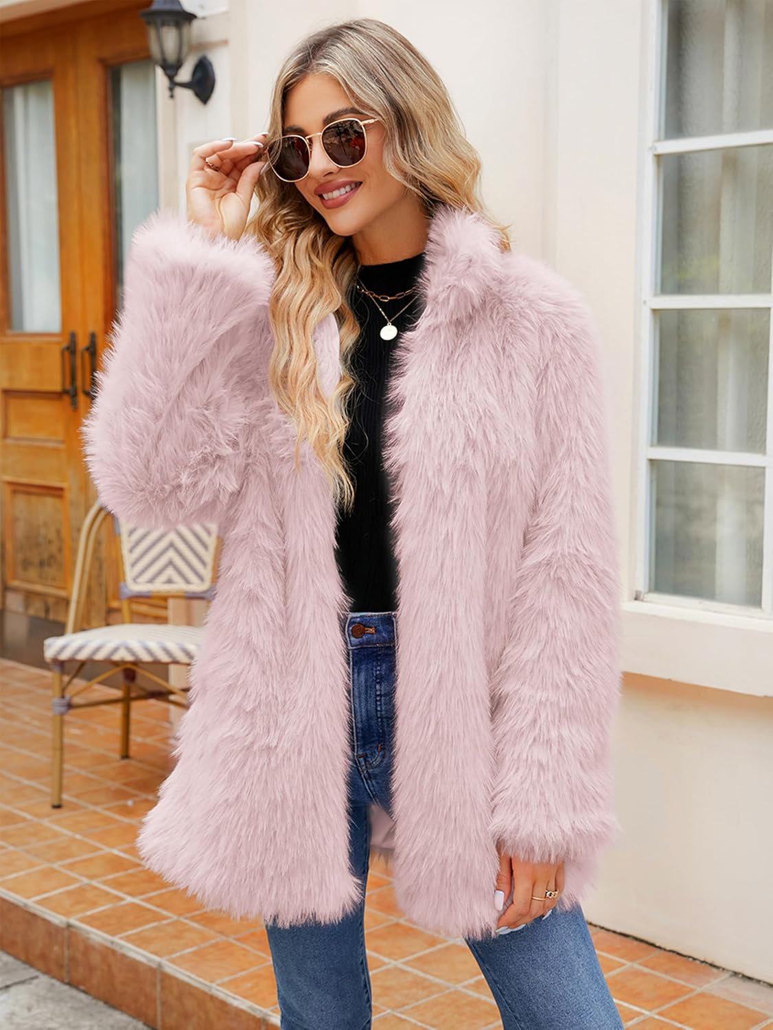 Simplee Women's Faux Fur Coat Furry Winter Jacket Long Sleeve Warm Open Front Fluffy Jackets - Image 3