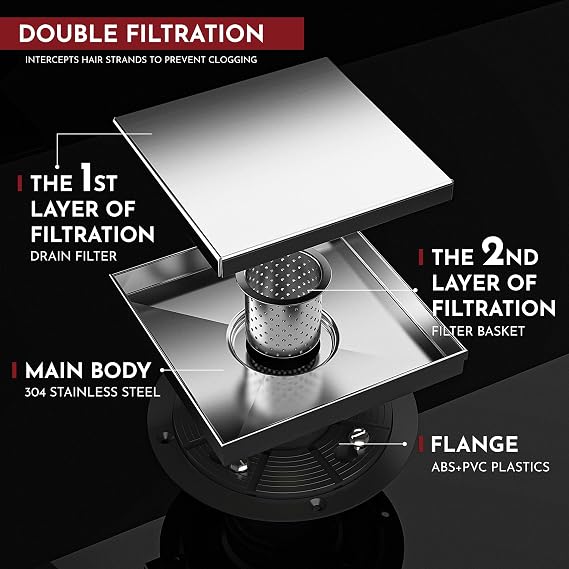 WEBANG 6 Inch Square Shower Drain Brushed Floor Drain with Flange Reversible 2-in-1 Cover Tile Insert Grate Removable SUS304 Stainless Steel CUPC Certified Brushed