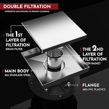 WEBANG 6 Inch Square Shower Drain Brushed Floor Drain with Flange Reversible 2-in-1 Cover Tile Insert Grate Removable SUS304 Stainless Steel CUPC Certified Brushed