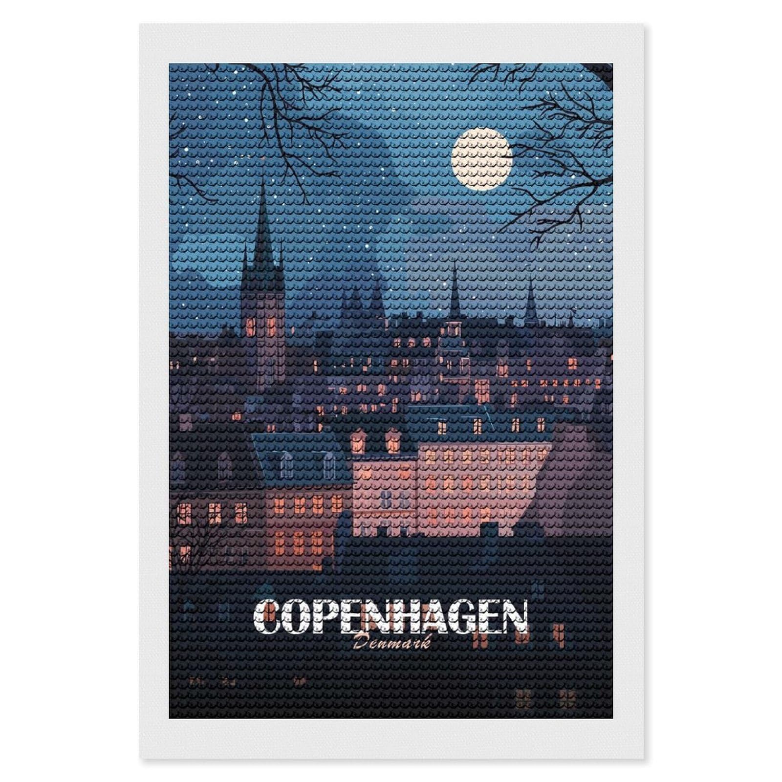 Junmoney Copenhagen, Denmark at Night Diamond Art Kit 8"x12", Modern Decor, for Adults, Printed Canvas, Holiday Gift Idea, Fun Craft Experience