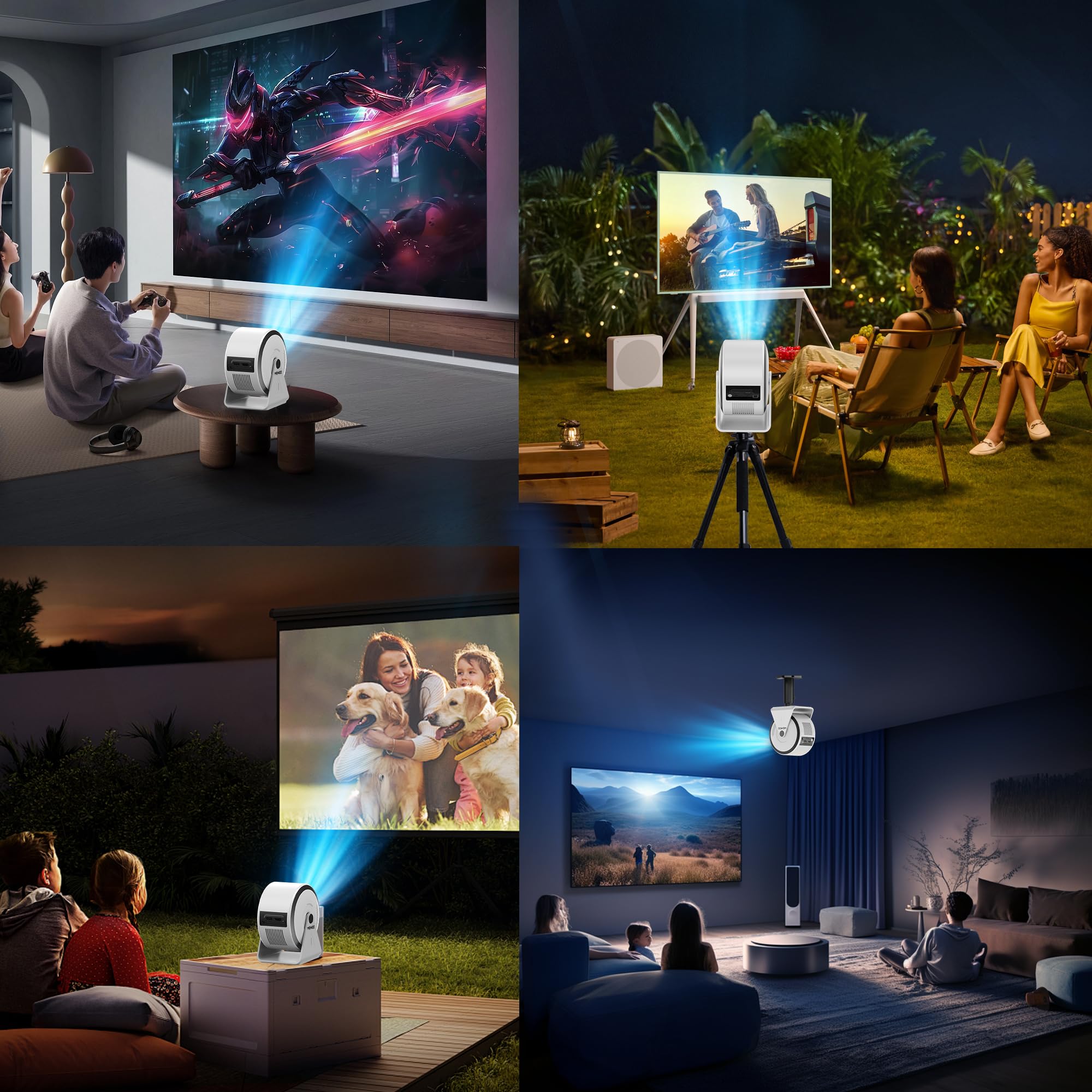 Mini proiettore [app integrate] Proiettore 4K 1080P, 2026 aggiornato Auto Focus & Auto Keystone 360 ° Proiettore portatile con WiFi 6 e Bluetooth 5.4 compatibile con HDMI/TV Stick/USB/laptop, bianco