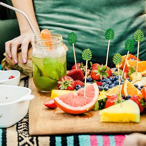 Miniatura 6 de 100 palillos de cóctel de hojas de Monstera tropicales de verano de 4.9 pulgadas, palillos de dientes hechos a mano, palillos de bambú desechables