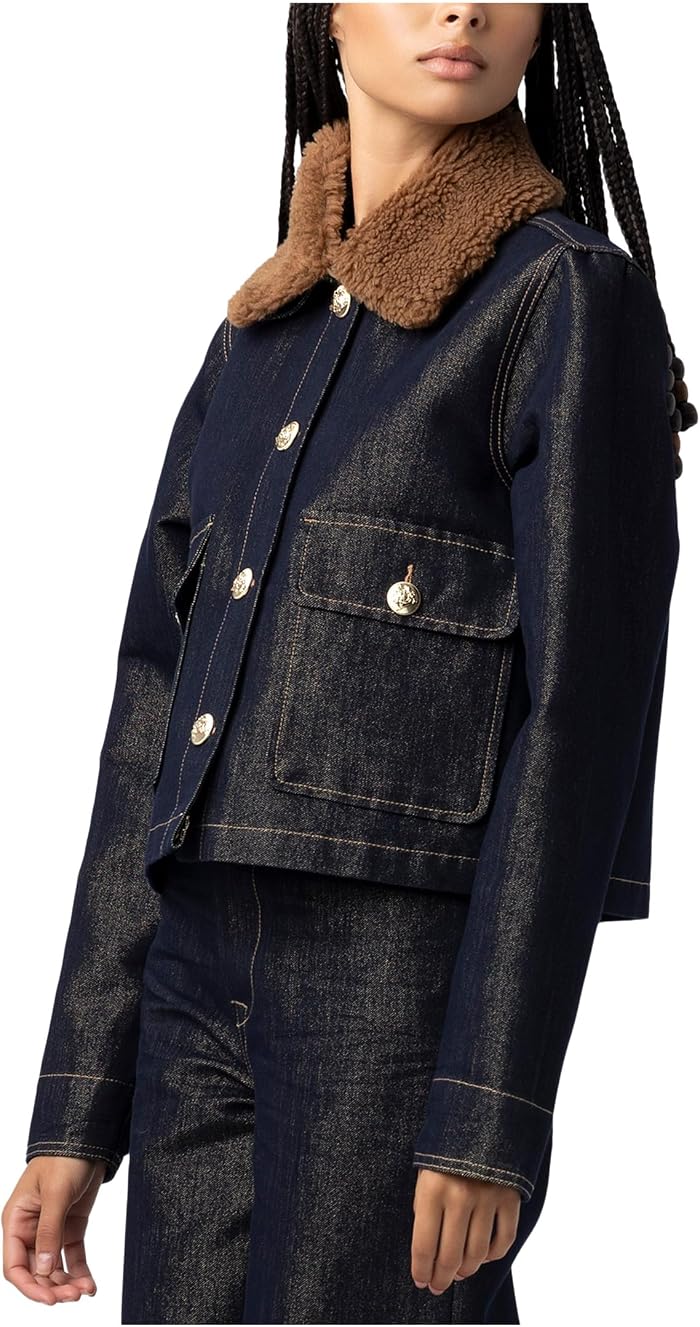 Женские Blank NYC Metallic Denim Jacket with Faux Sherpa Collar in Blue — фото 3