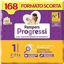 Pampers Progressi Newborn, Size 1 (2-5 kg), Stock Format, Wet Indicator, Delicate Skin Protection, Early Childhood Protection, Reinforced Tabs, Anti-Spill, 168 Newborn Nappies
