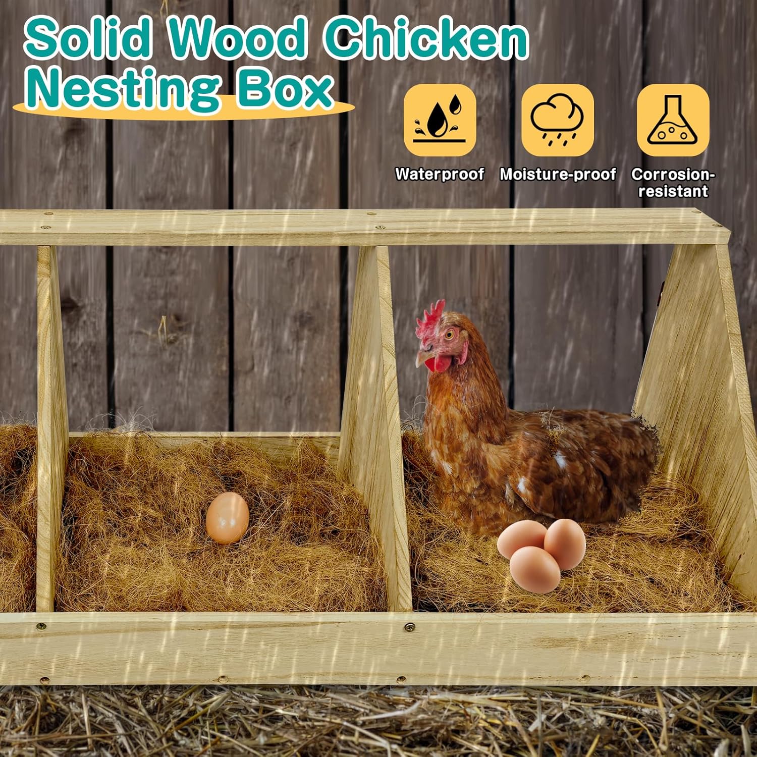 Chicken Nesting Boxes, 6 Compartment Wooden Chicken Laying Boxes, Nesting Boxes for Chickens, Hens, Ducks, Poultry Nest Box for Laying Eggs, Includes 6 Fake Eggs