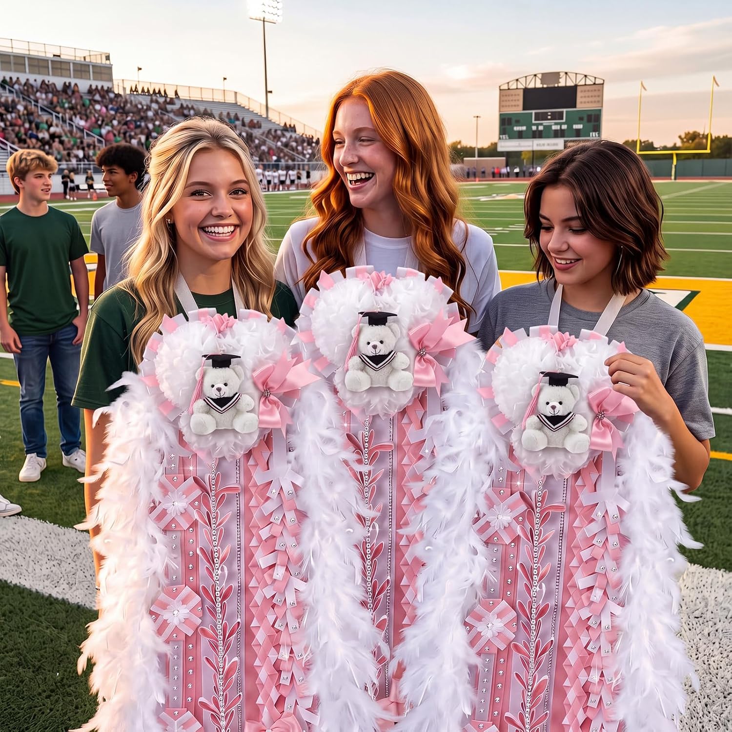 Thenshop 47" Homecoming Mum with Teddy Bear Bow Ribbon, Pink and White