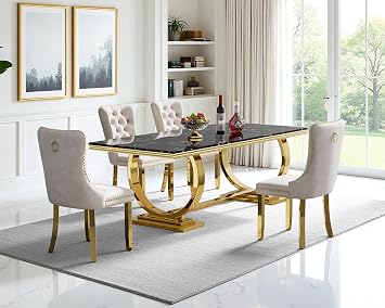 68.11" Luxurious Marble Dining Table Set for 4, Modern Faux Marble Dining Table with 4 Beige Velvet Dining Chairs Set, Kitchen Table with Gold Stainless Steel Pedestal, 5 Piece Dining Table Set