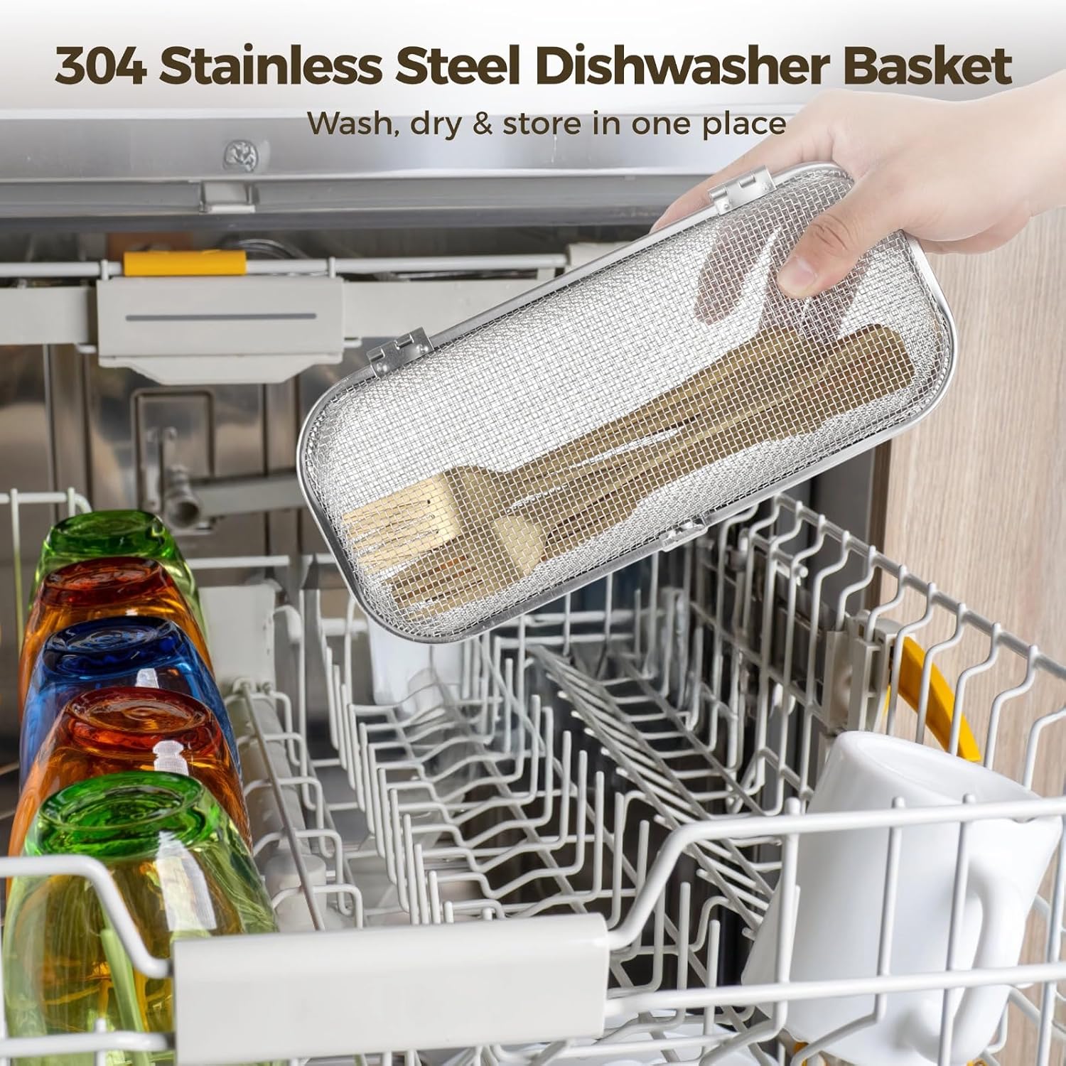 Dishwasher Basket 304 Stainless Steel, Silver Utensil Cutlery Storage Organizer, Kitchen Gadget Cleaning Drainer, 10.2 x 4.7 x 2.8 in Utensil Rectangular Mesh Drain for Small Items