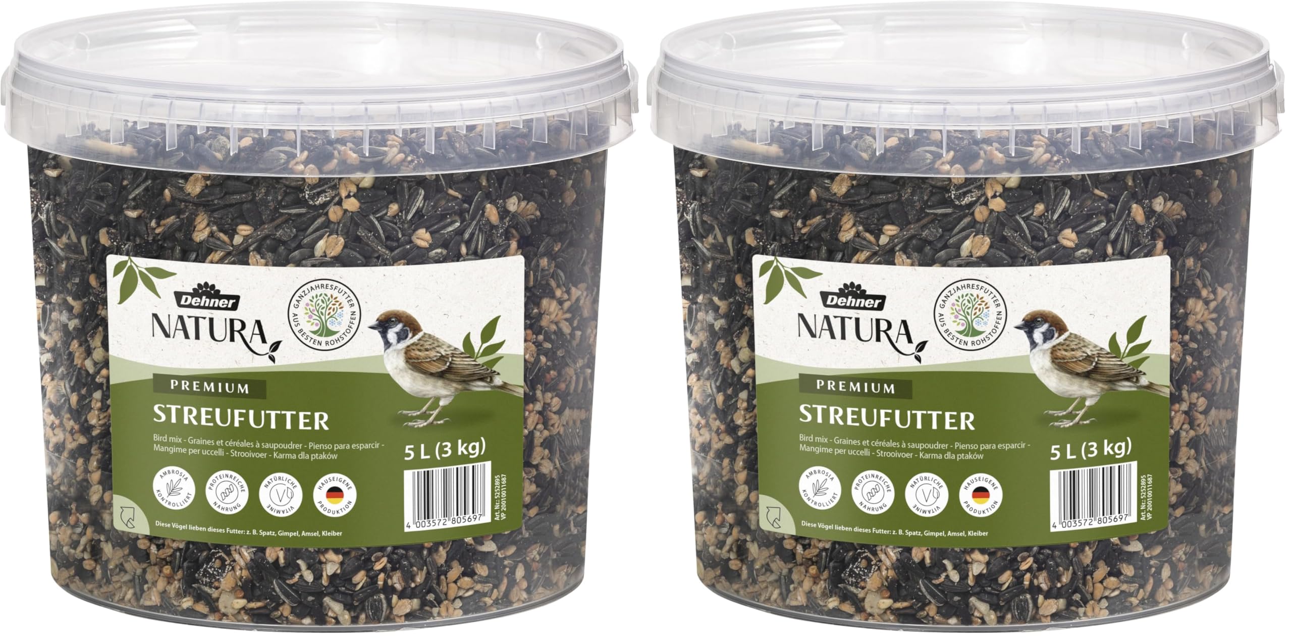 Dehner Natura Premium Wildvogelfutter, Streufutter, Ganzjahresfutter proteinreich/energiereich, hochwertiges Vogelfutter für Wildvögel, im Eimer, 3 kg (5 l) (Packung mit 2)