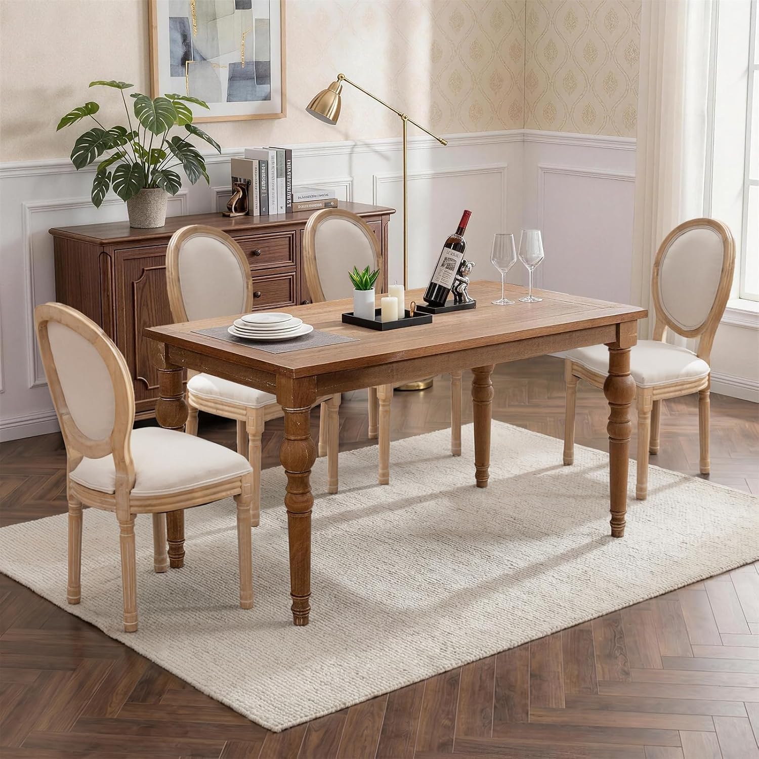 SoarFlash French Dining Chairs Set of 4, Vantage Linen Dining Chair with Round Back, Farmhouse Country Dining Chair for Kitchen,Restaurant,Beige