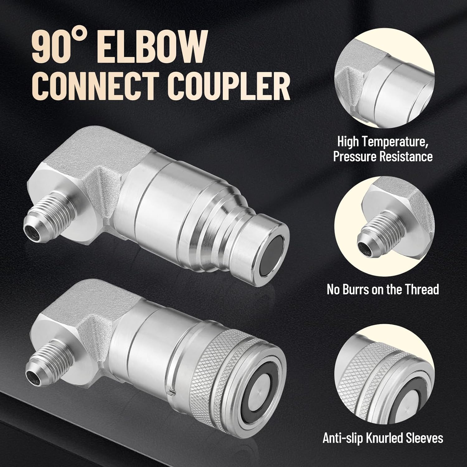 90 Degree Elbow 1/2" Flat Face Skid Steer Hydraulic Quick Connect Coupler Fittings, 1/2" Body Size x 3/8″ JIC Male Thread Coupling with Dust Caps