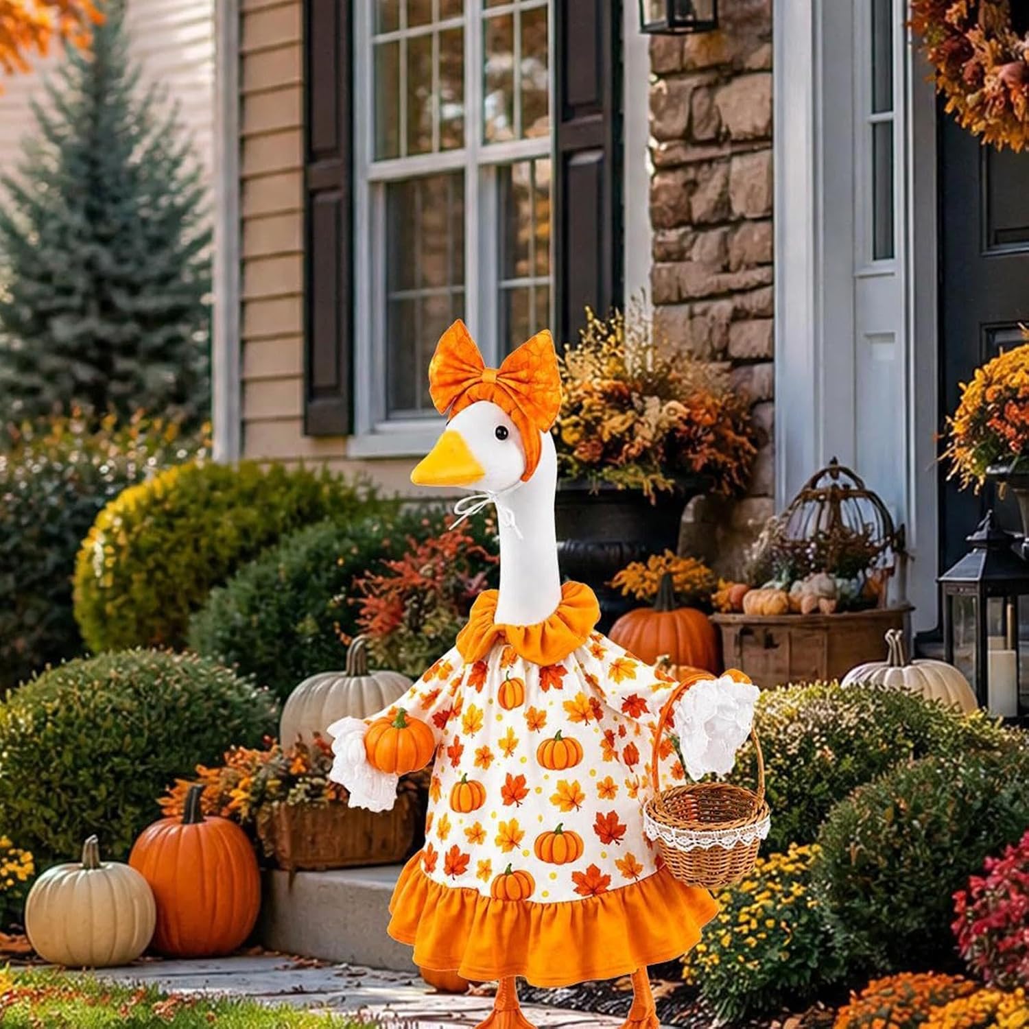 Fall Goose Statue Costume, Pumpkin Dress, Basket, Bow, Autumn Harvest Decor image 3