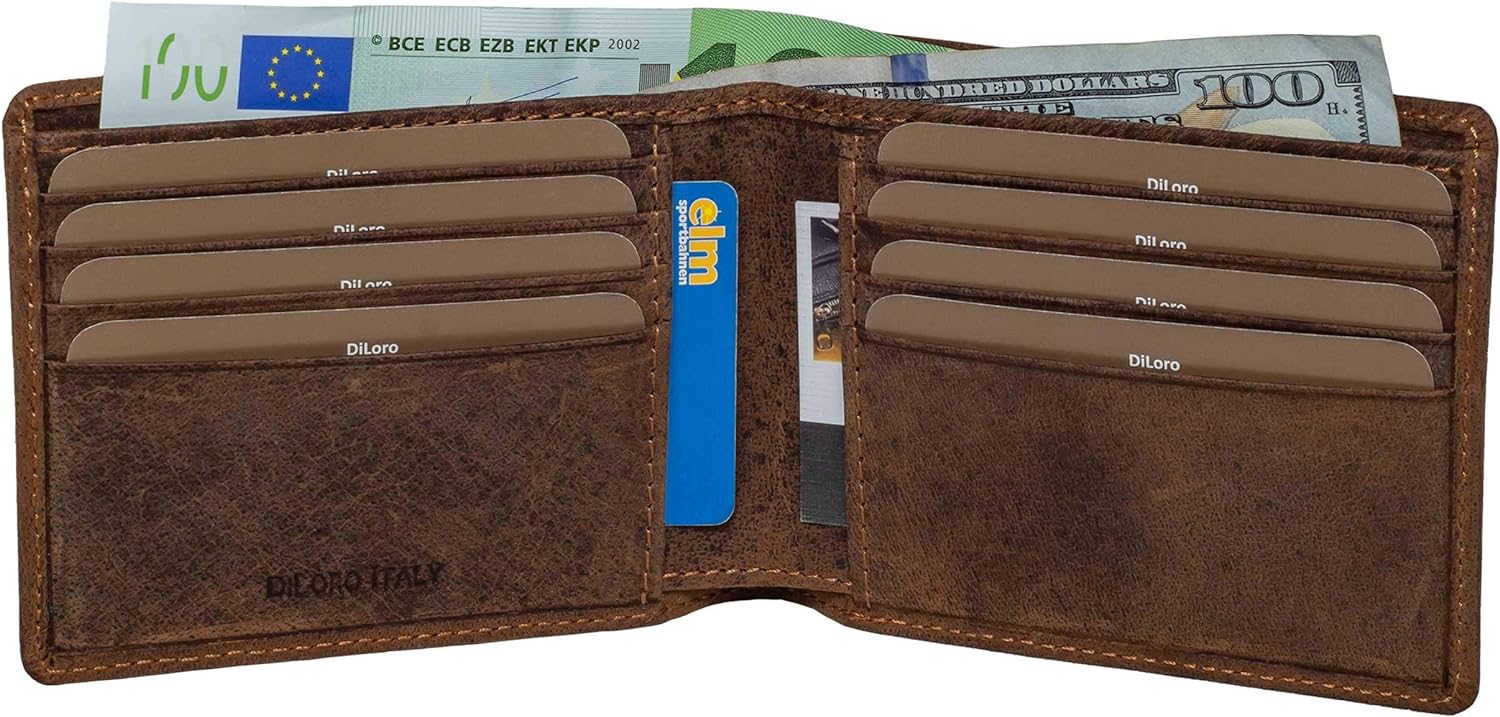 DiLoro Mens Wallet Full Grain Genuine Leather Slim Minimalist Front Pocket Bifold Soft Nappa RFID Protection (Dark Hunter Brown)
