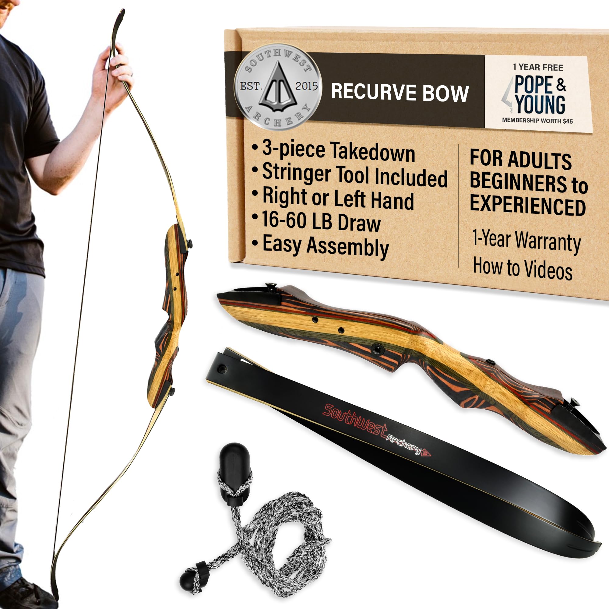 Southwest Archery Tigershark Takedown Recurve Bow – Standard & PRO Versions – 62" Hunting Bow – Left & Right Handed – Draw Weights in 16lb-60lb – USA Based Company – Includes Stringer Tool