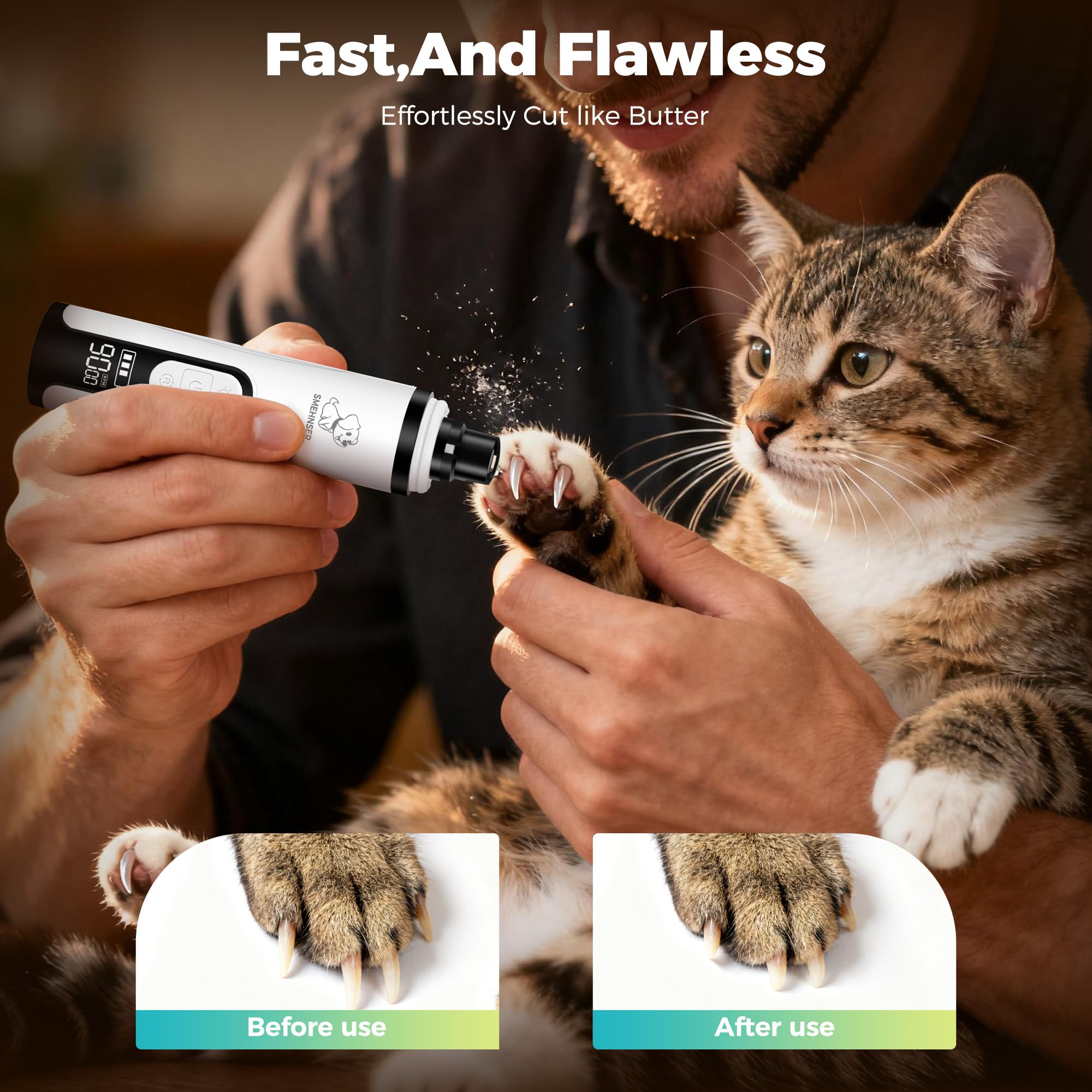 Molinillo de uñas silencioso mejorado, molinillo de uñas inalámbrico profesional con 3 velocidades ajustables y luz LED, aseo de patas sin dolor para perros y gatos pequeños, medianos y grandes (2