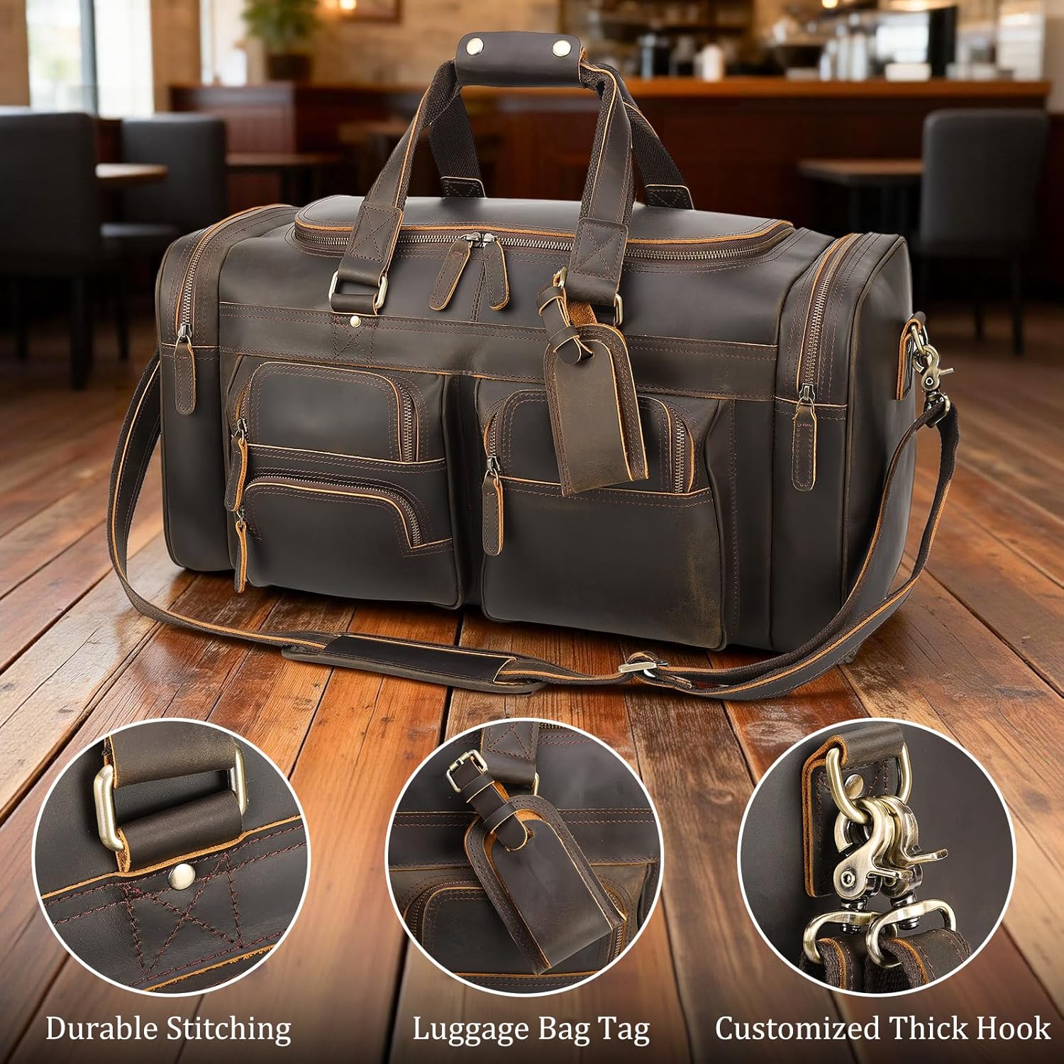 Polare 23" Leather Duffel Weekender Travel Bag For Men With Full Grain Cowhide Leather 42L