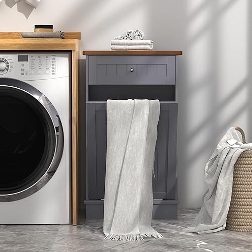 Miniatura 5 de Armario de basura inclinable de madera de 10 galones gabinete de reciclaje con cajón oculto armario de basura inclinable cubo de cocina gris