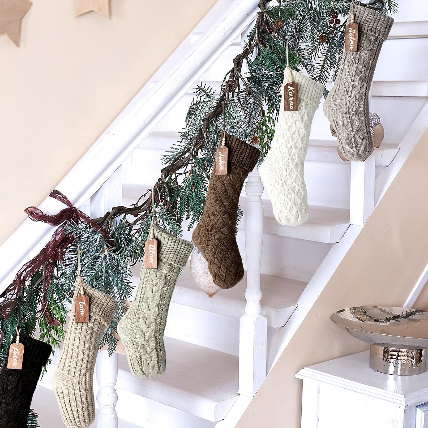 Skicuff 6 Pcs 18'' Neutral Personalized Christmas Stockings, Rustic Farmhouse Cable Knitted Fireplace Hanging Stocking with Wooden Name Tags, Boho Earth Tones Xmas Gifts for Family Holiday Party Decor