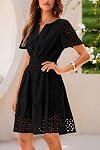 PRETTYGARDEN 2026 Été Mini Robe Manche courte V Col une ligne Hollow Out Dentelle Ruffle Mignon Casual Beach robes courtes pour femme