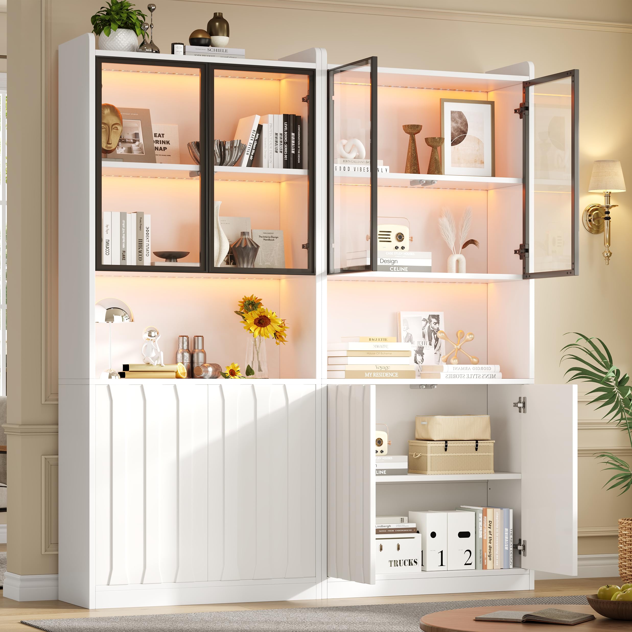 Kebnor Set di 2 vetrine a LED, armadietto alto con ante in vetro, con LED e partizione aperta, armadio per soggiorno con ante in vetro, cucina, ingresso, bianco, 160 x 35 x 200 cm