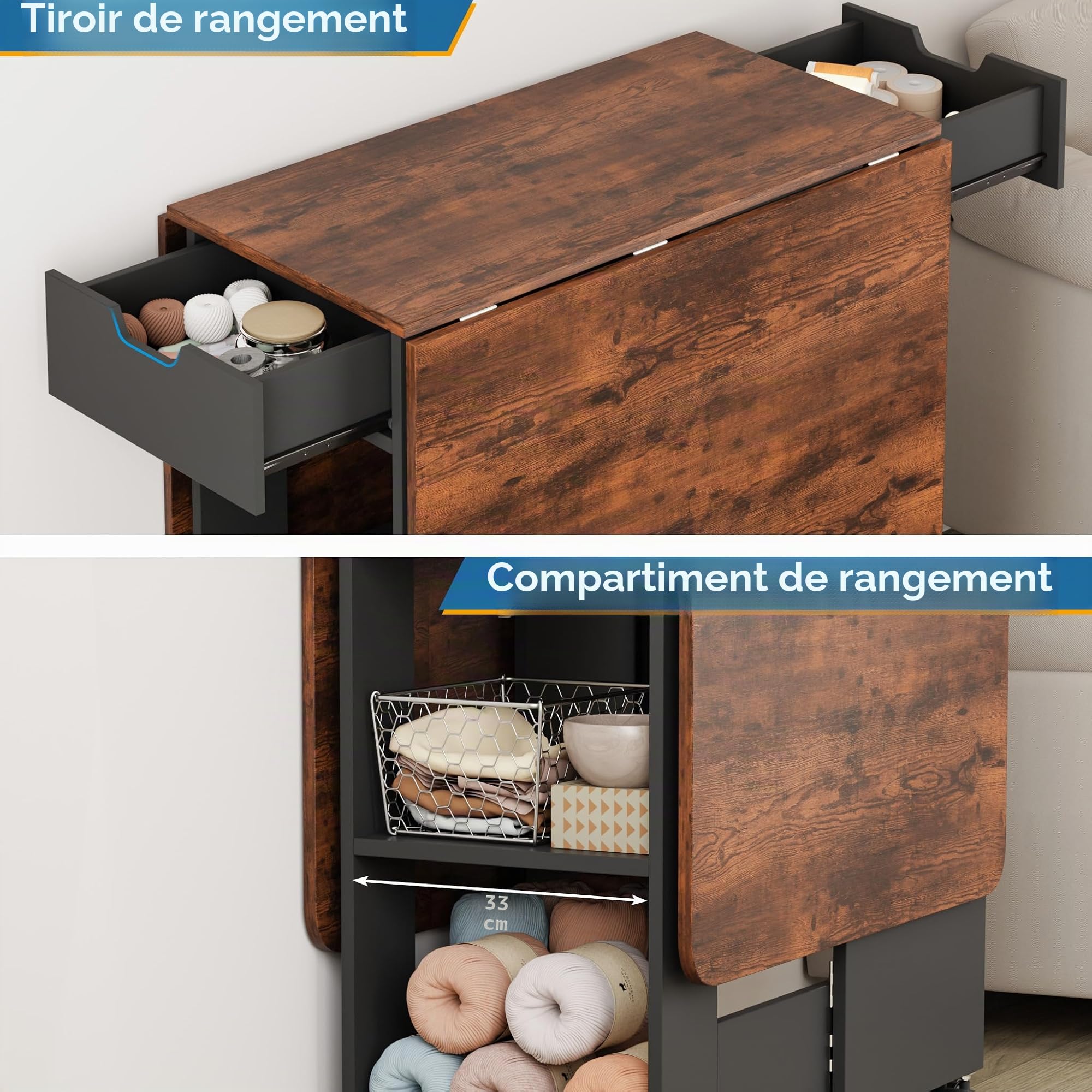 Mondeer Ensemble Table à Manger Pliable 140 cm avec 4 Chaises Rembourrés, Ensemble Table avec 2 Tiroirs et 2 Etagères de Rangement, pour Petits Espaces Cuisine Salle à Manger (Marron et Noir)