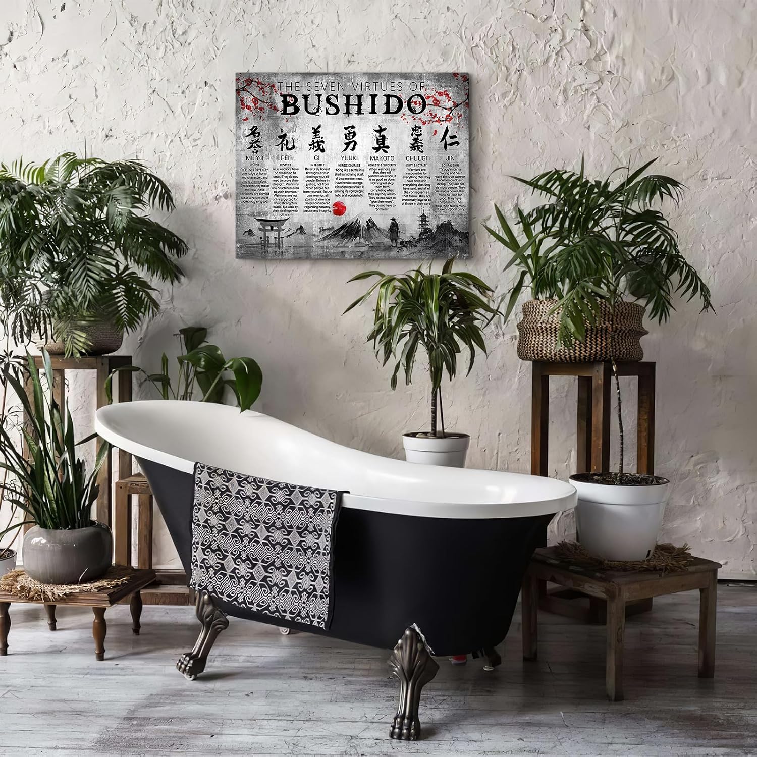 Japanese Samurai Wall Art 7 Virtues Bushido Inspirational Pictures Wall Decor Japanese Warrior Canvas Prints Framed Modern Painting Artwork For Bedroom Office Living Room Bathroom Dining Room 20x24 Inch