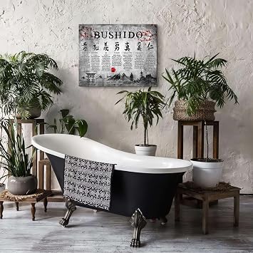 Japanese Samurai Wall Art 7 Virtues Bushido Inspirational Pictures Wall Decor Japanese Warrior Canvas Prints Framed Modern Painting Artwork For Bedroom Office Living Room Bathroom Dining Room 12x16
